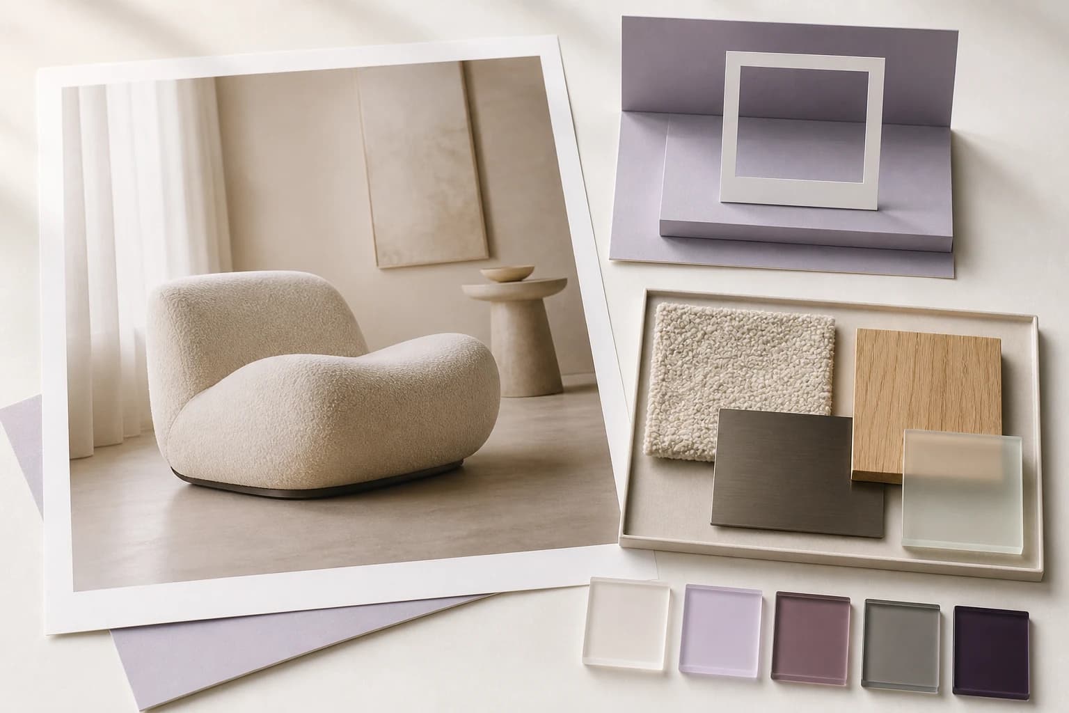Editorial reference-role board with one main chair reference and separate composition, material, and palette inputs