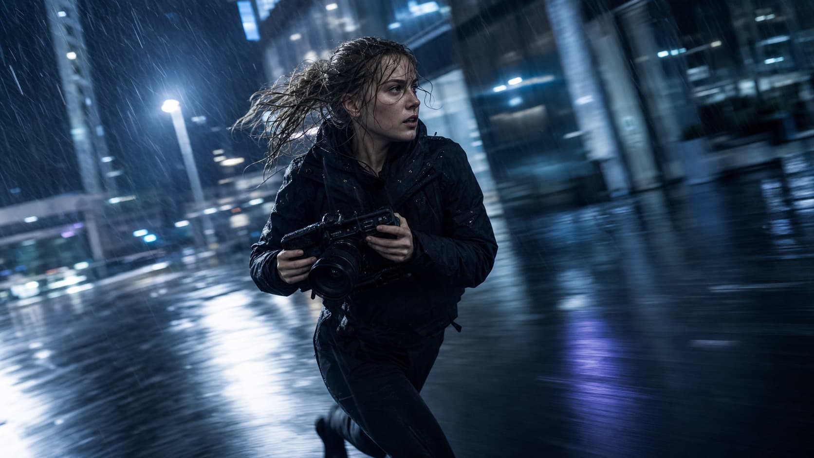 Filmmaker moving through a rain-soaked city at night