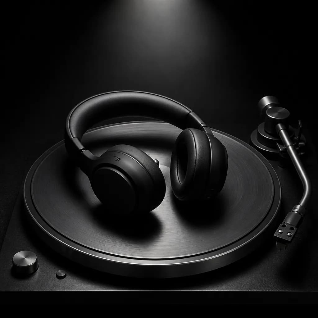 Matte black headphones on a steel turntable under a single spotlight