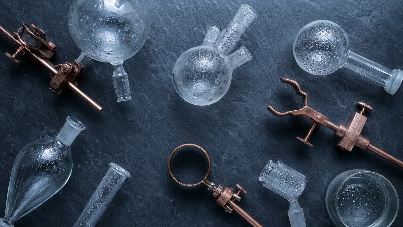 Overhead view of glass flasks and copper clamps on a slate lab bench