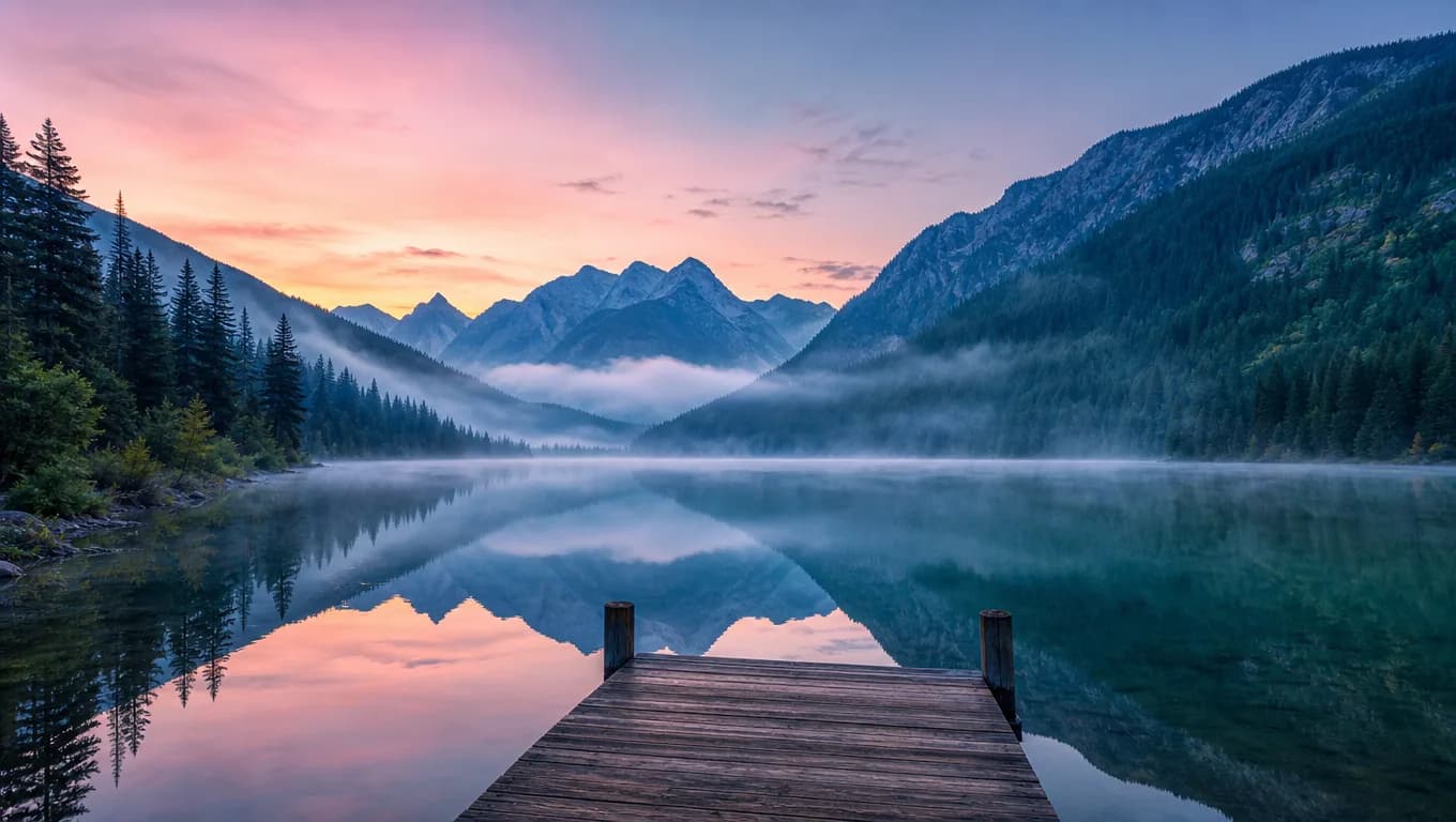 Misty mountain lake at dawn with a wooden dock and pine-covered slopes