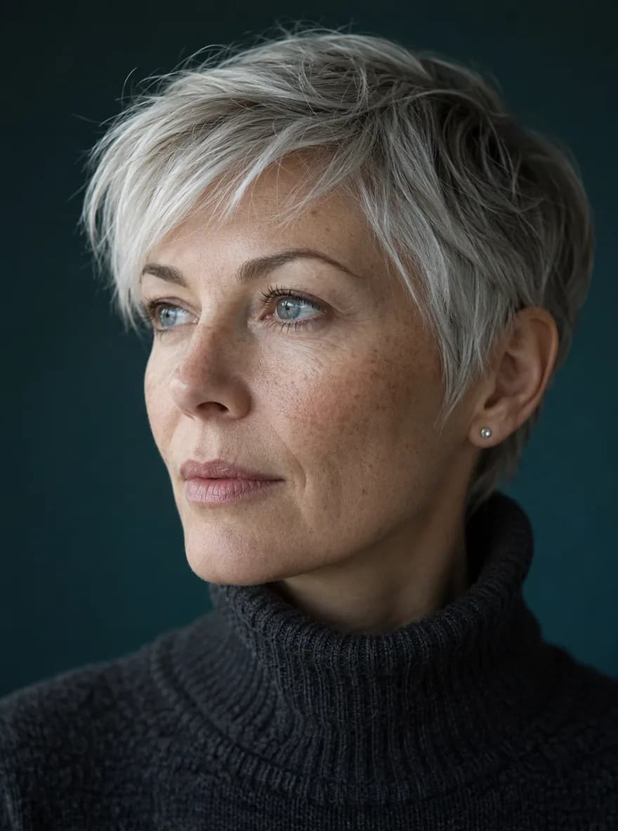 Close portrait of a woman with silver hair in warm window light against a teal backdrop