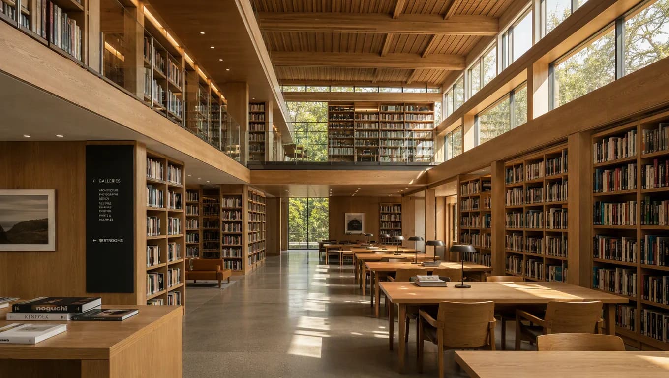 Wide interior of a timber library with morning light through clerestory windows