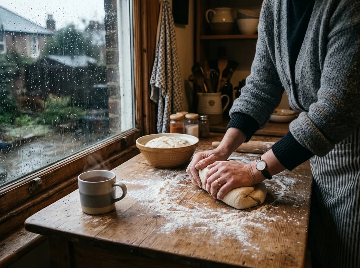 Hands kneading bread dough on a wooden table beside a rainy window