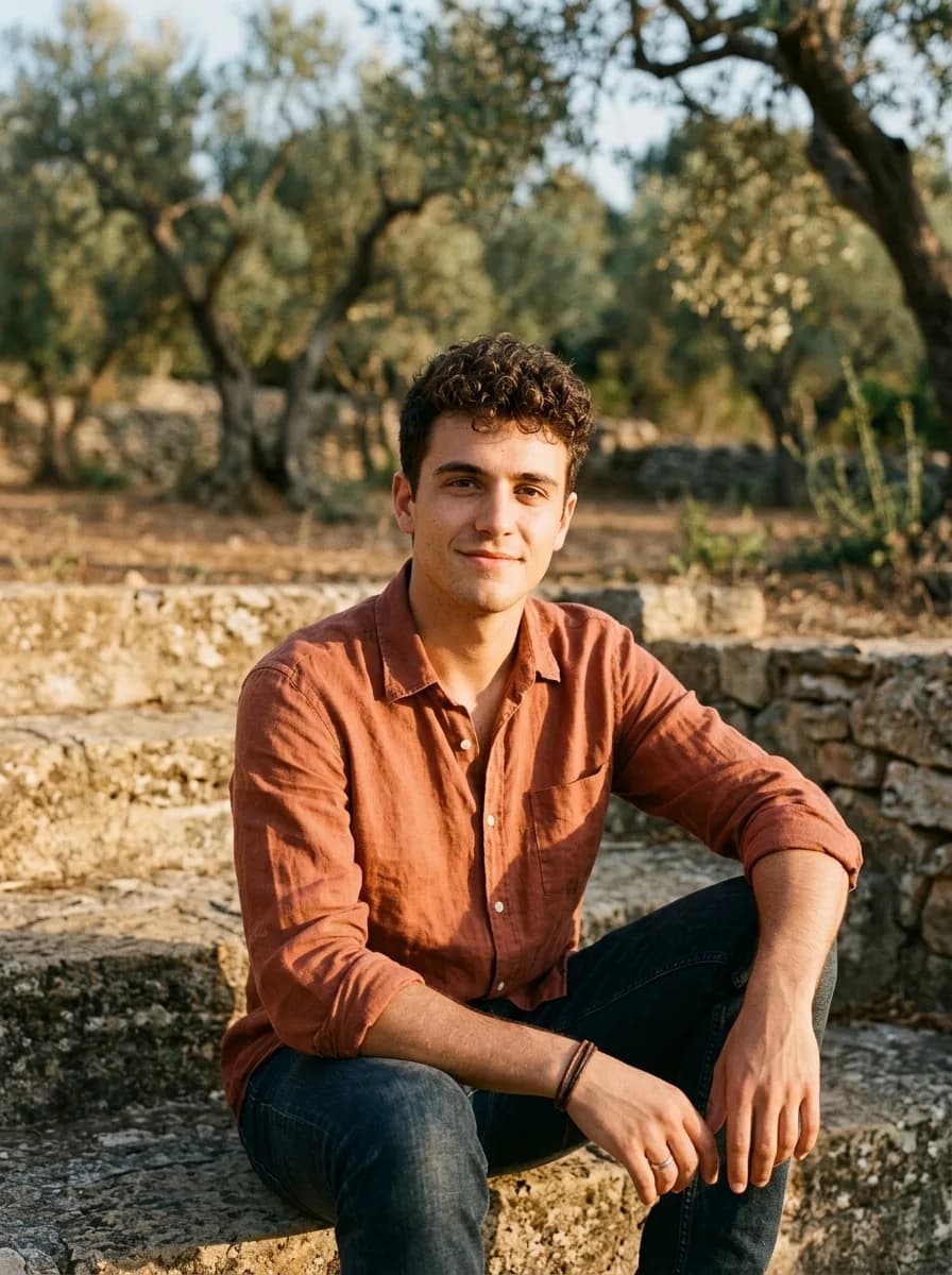 Portrait of a young man in a terracotta shirt on sunlit stone steps