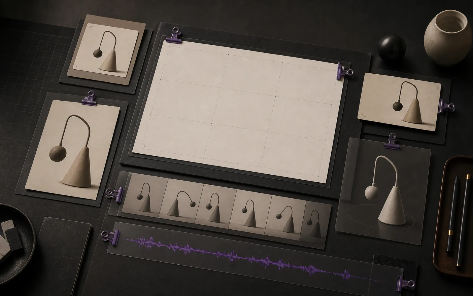 Editorial desk with storyboard frames, reference media, and audio cues