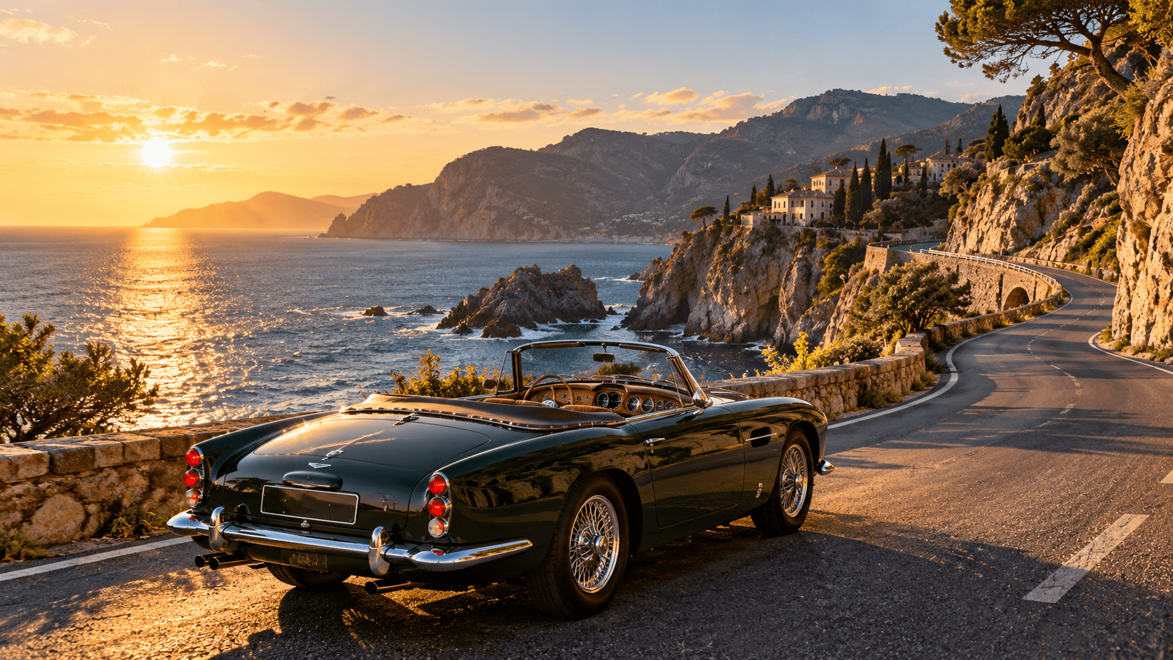 Dark green vintage convertible parked on a coastal road at sunset