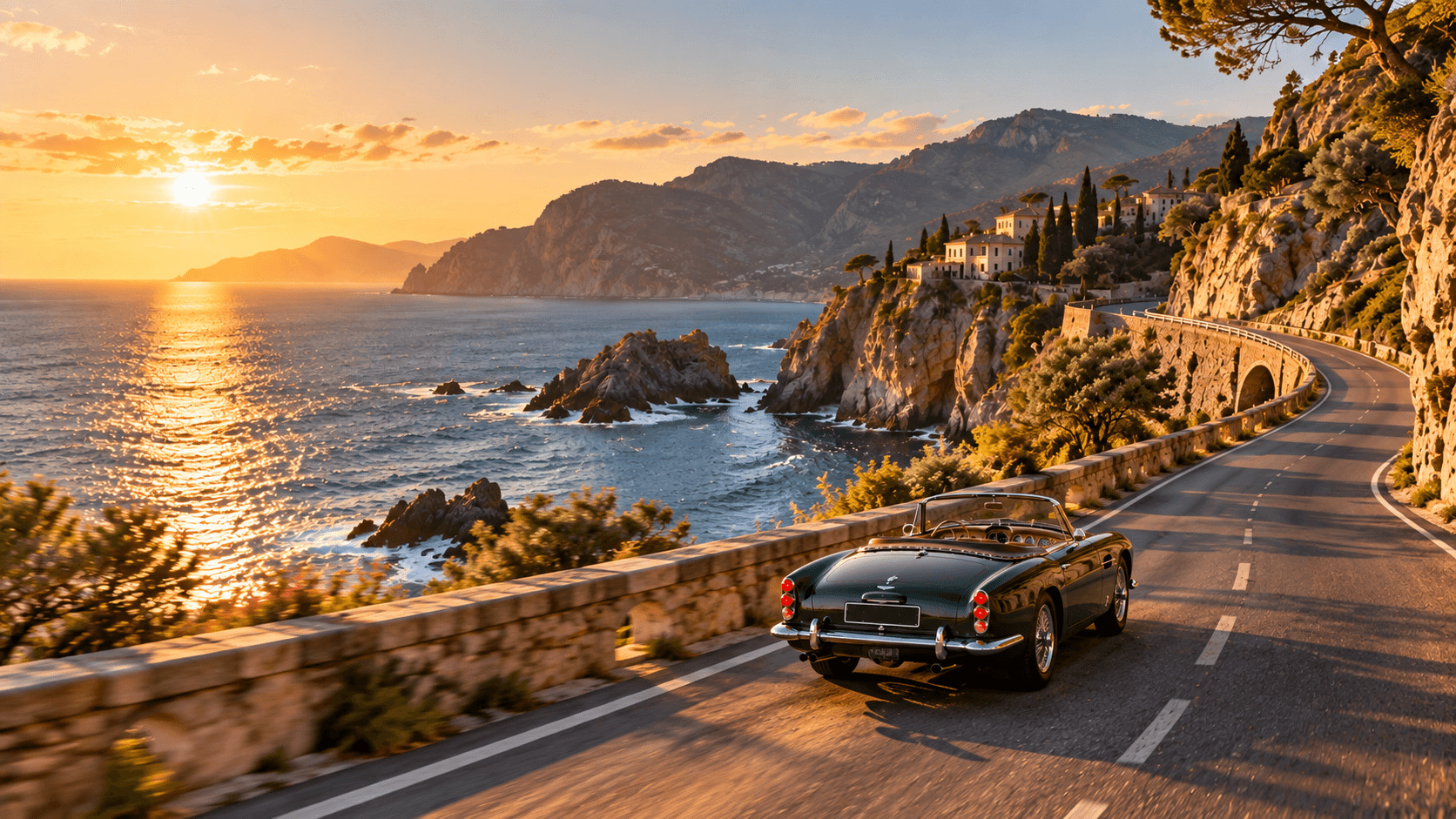 The same convertible driving away along the coastal road