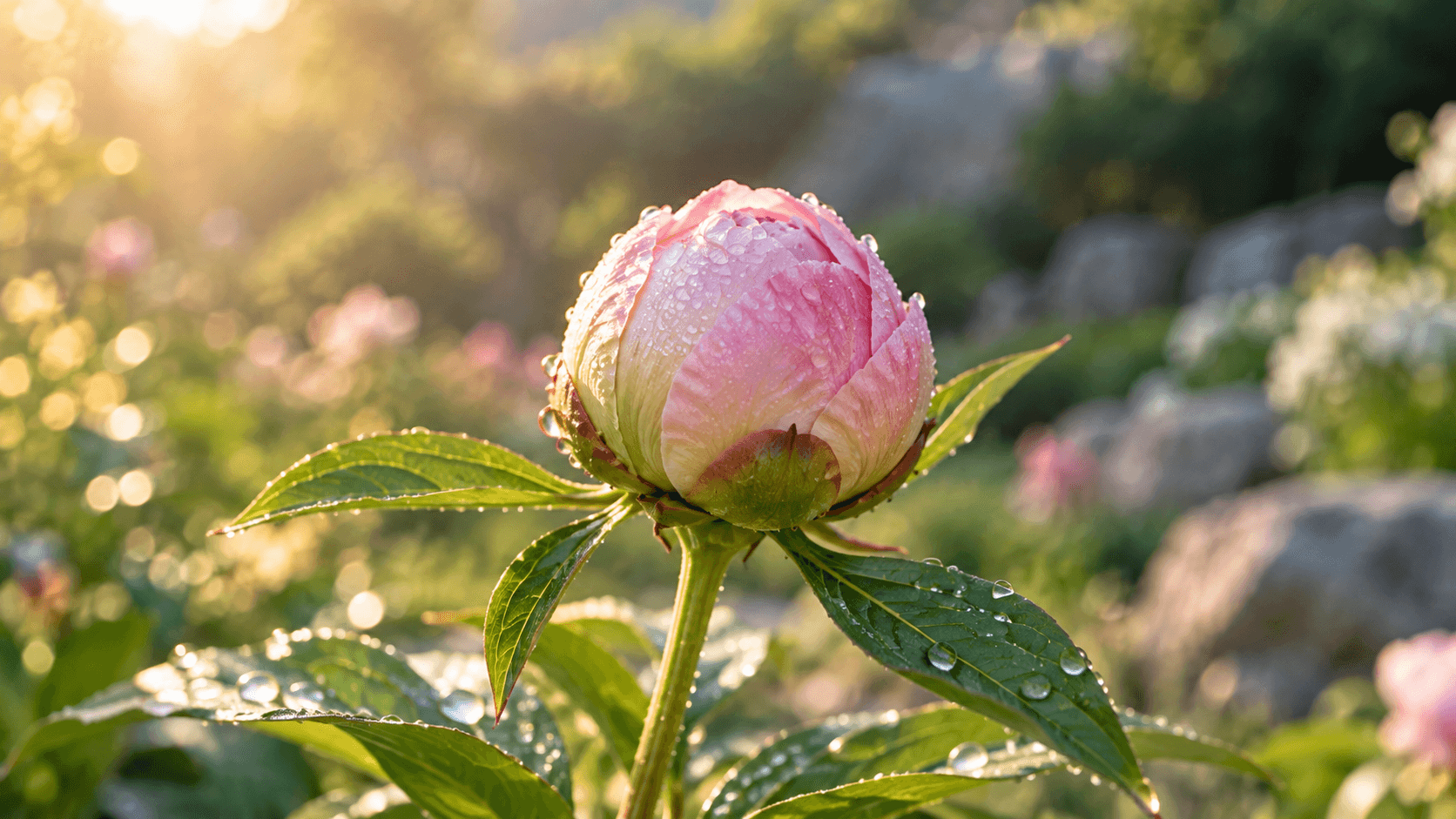Closed pink peony bud in morning light