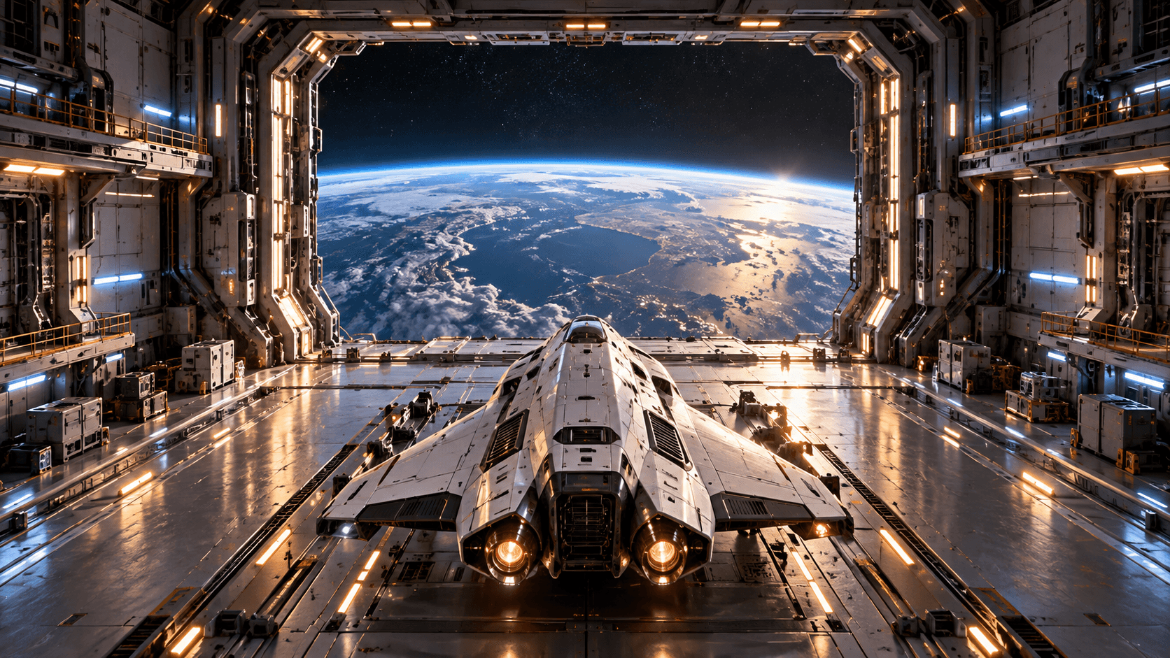 White spacecraft facing Earth from inside a hangar