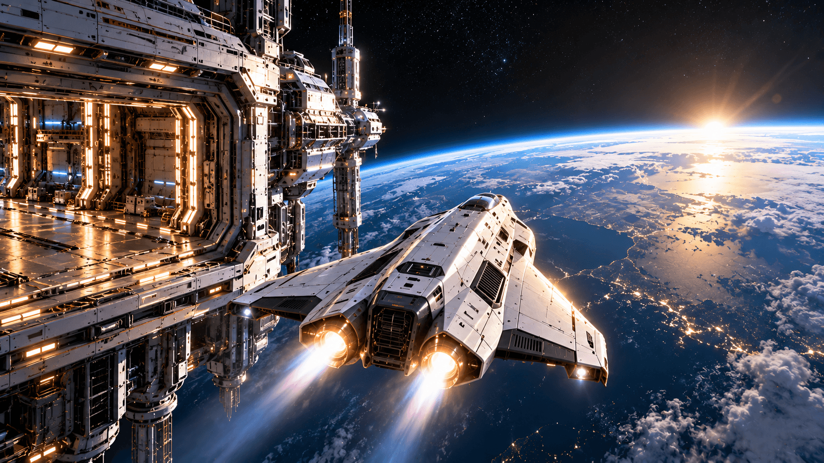 The spacecraft flying beside the station above Earth
