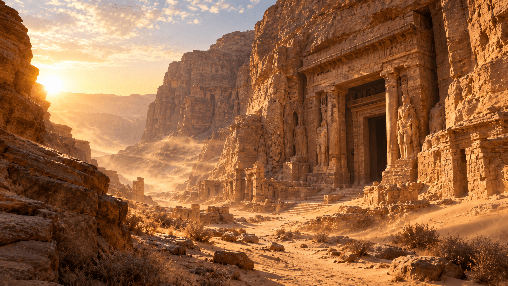 Desert canyon and carved temple at sunset