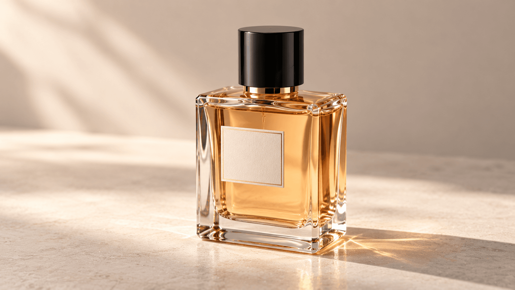 Amber perfume bottle with a black cap and blank label