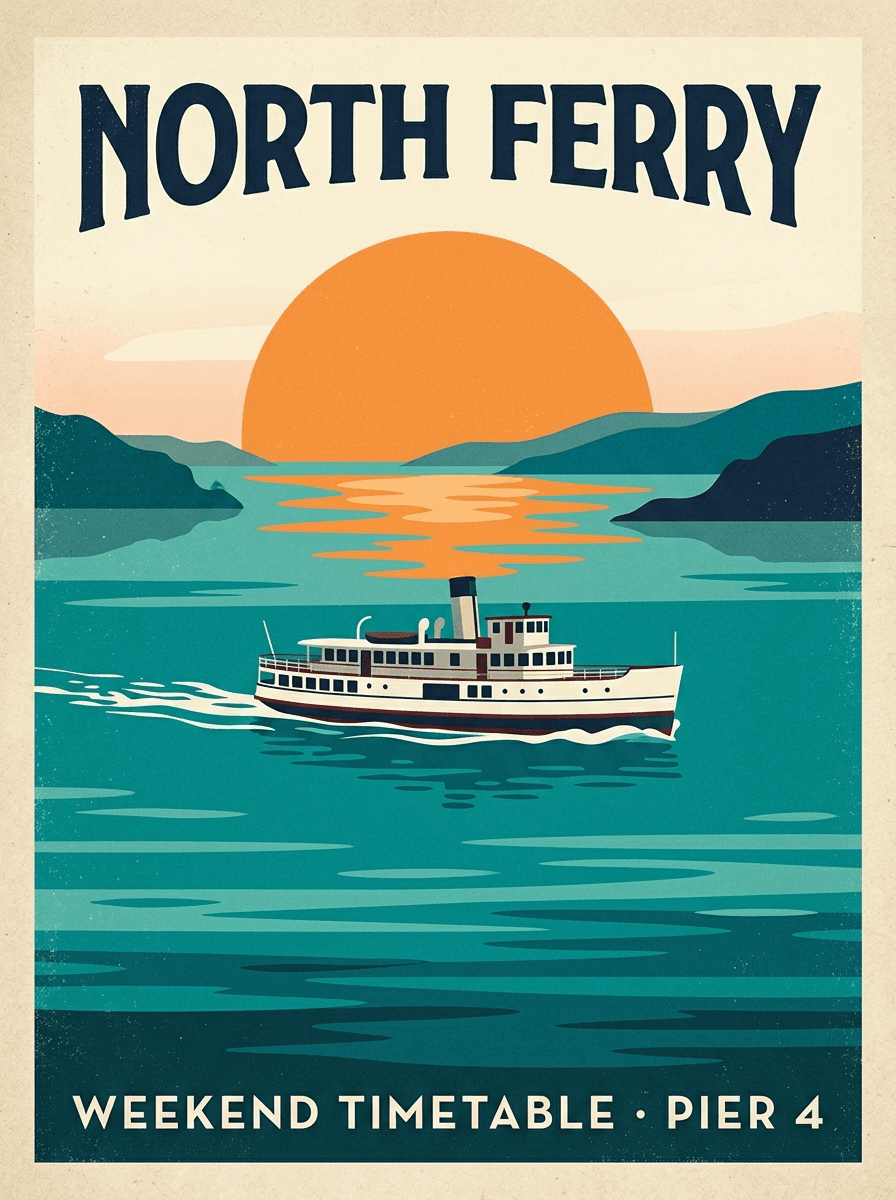 Travel poster with a white ferry, orange sun, and the words North Ferry and Weekend timetable pier 4