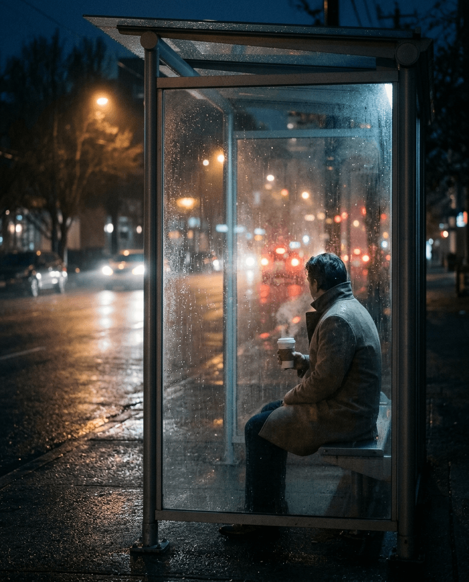 A person in a coat holding a paper cup inside a wet glass bus shelter at night