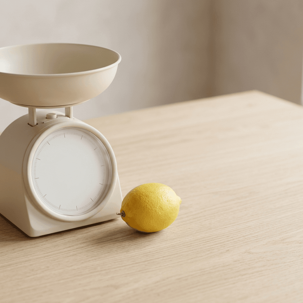 A cream kitchen scale and one lemon on a pale wooden counter