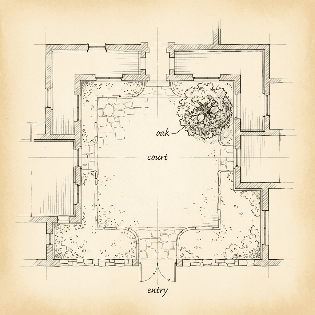 Ink courtyard plan labeled oak, entry, and court