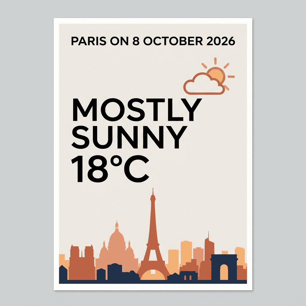 Poster reading Paris on 8 October 2026, Mostly sunny, 18 degrees