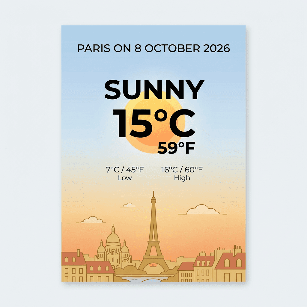 Poster reading Paris on 8 October 2026, Sunny, 15 degrees, with a low and a high