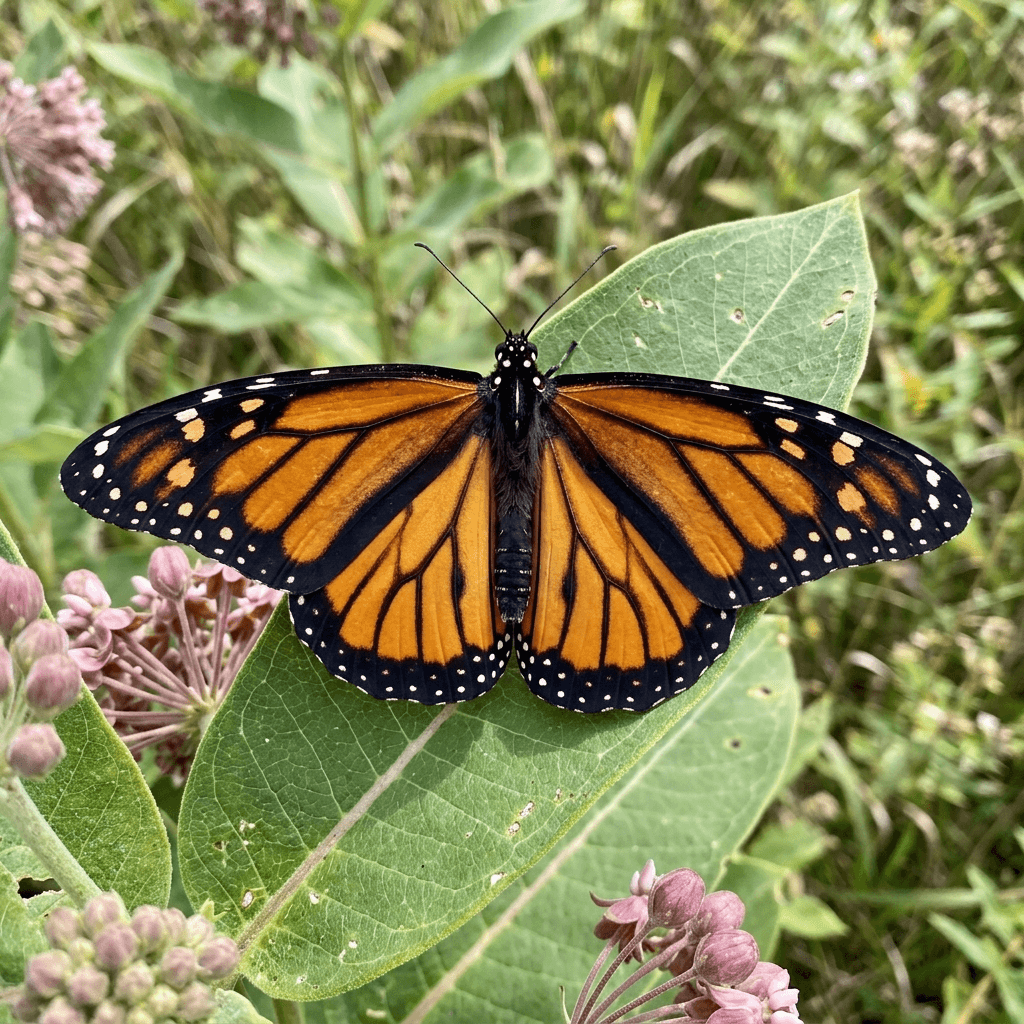 A monarch butterfly with open wings on a green leaf, photographed from above