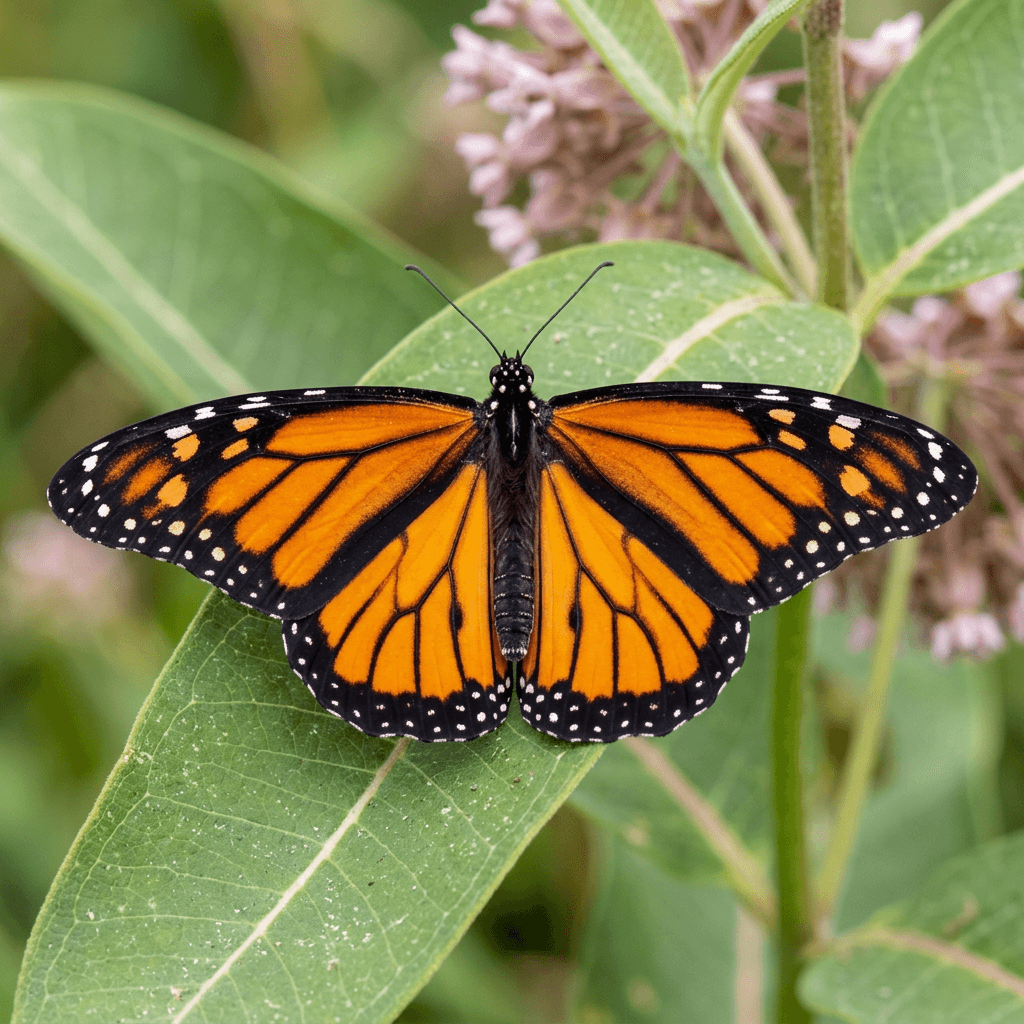 A monarch butterfly centered on a milkweed leaf with pink flowers behind it