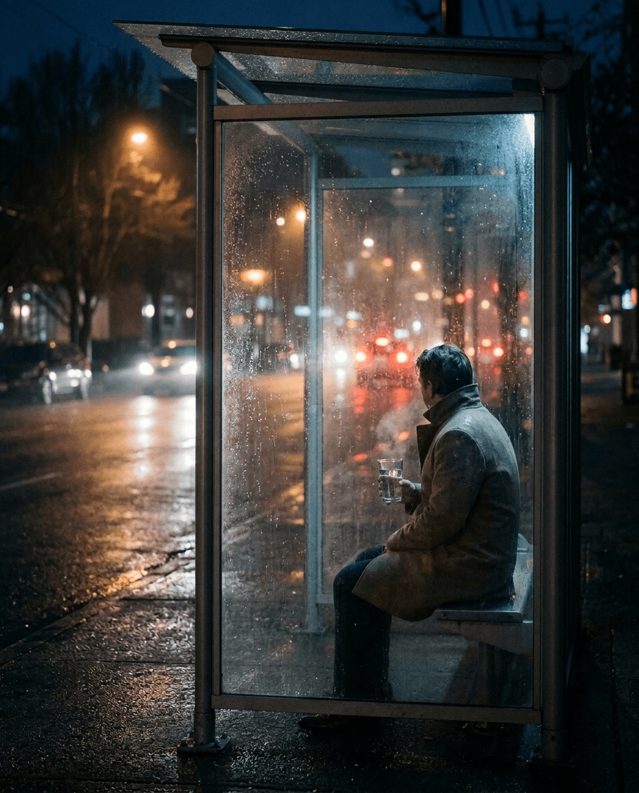 A seated person in a rainy bus shelter holding a clear glass of water