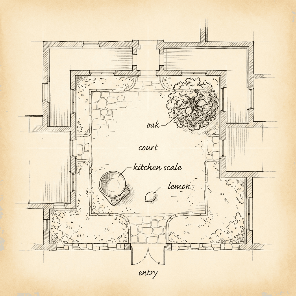 Courtyard plan with a drawn kitchen scale and lemon labeled in the court