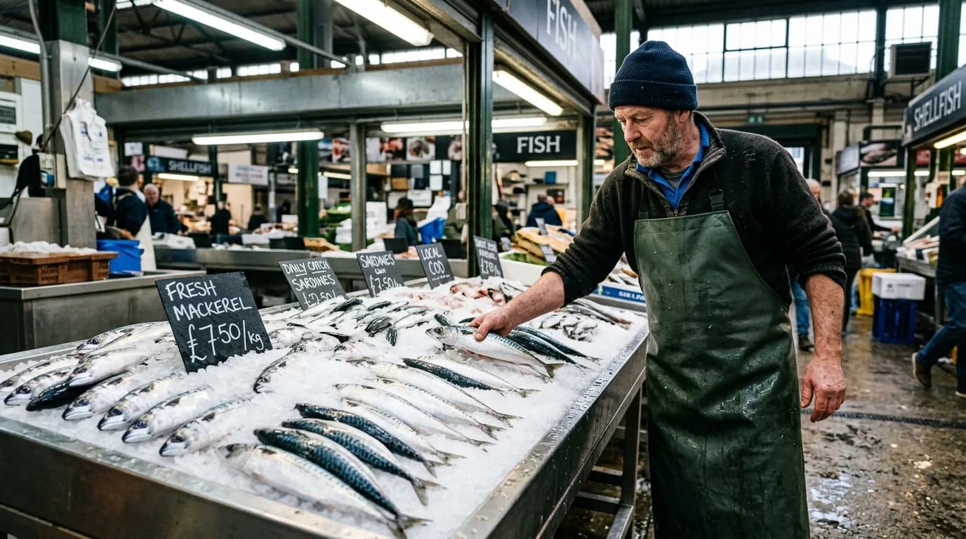 A fishmonger arranging silver mackerel on crushed ice at a covered market stall
