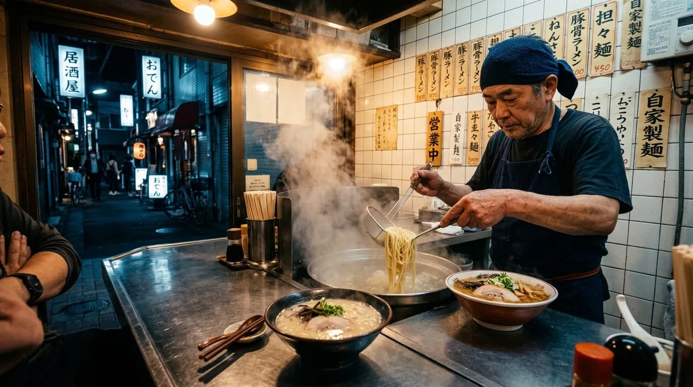 A late-night noodle counter with steam rising from a bowl and the cook lifting noodles