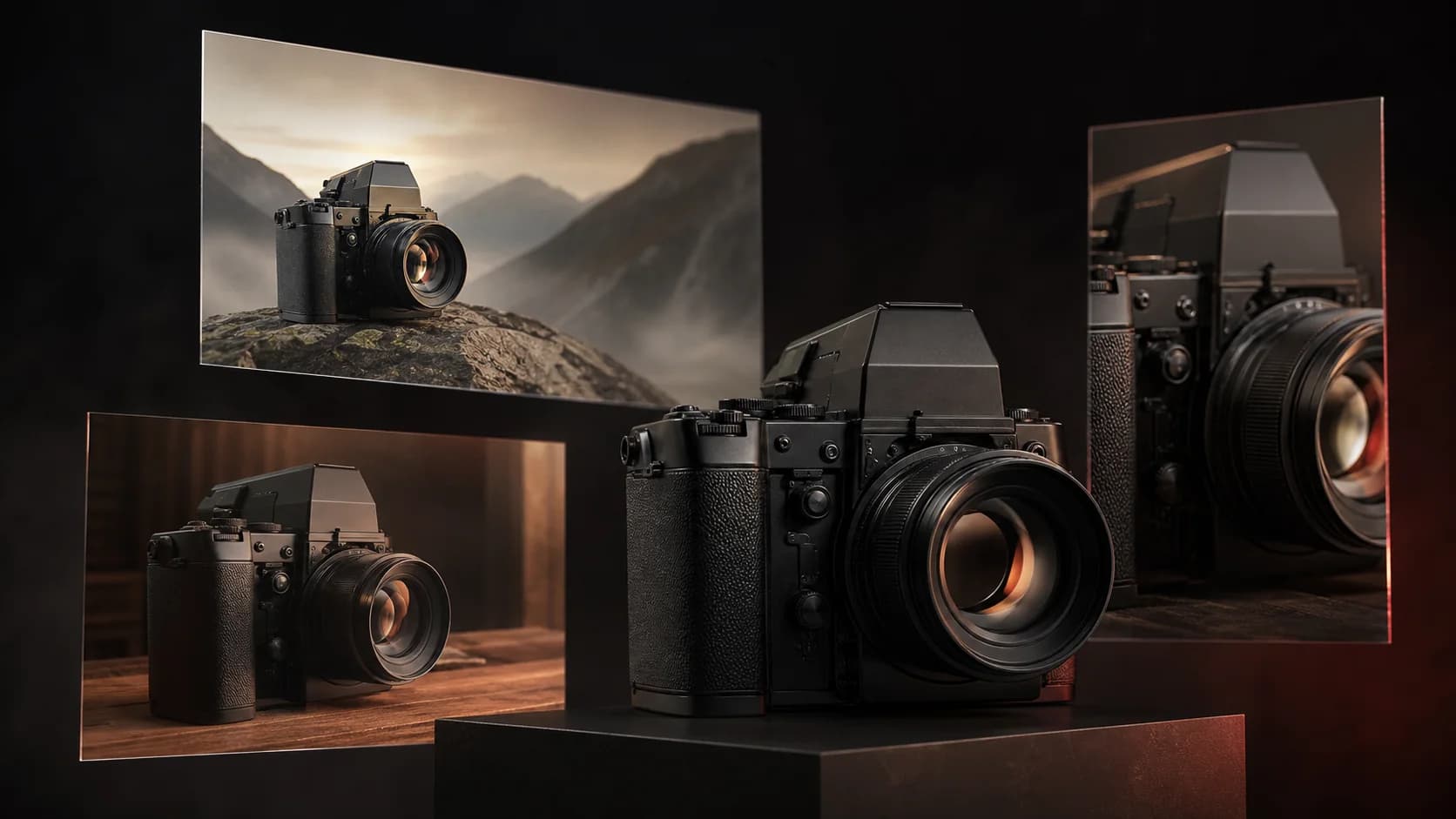 A consistent unbranded camera shown across several reference-led image variations