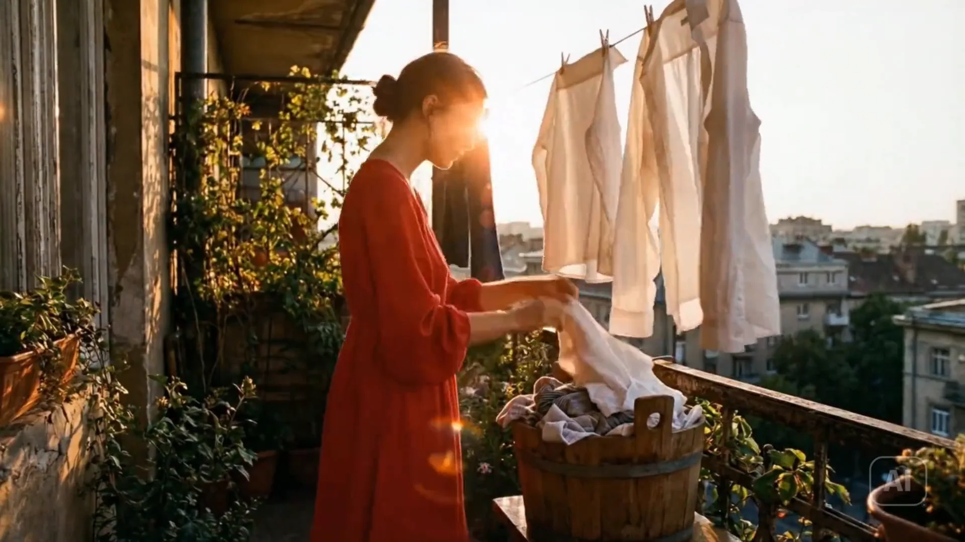 Woman hanging laundry in an archived Seedance 2.0 video example