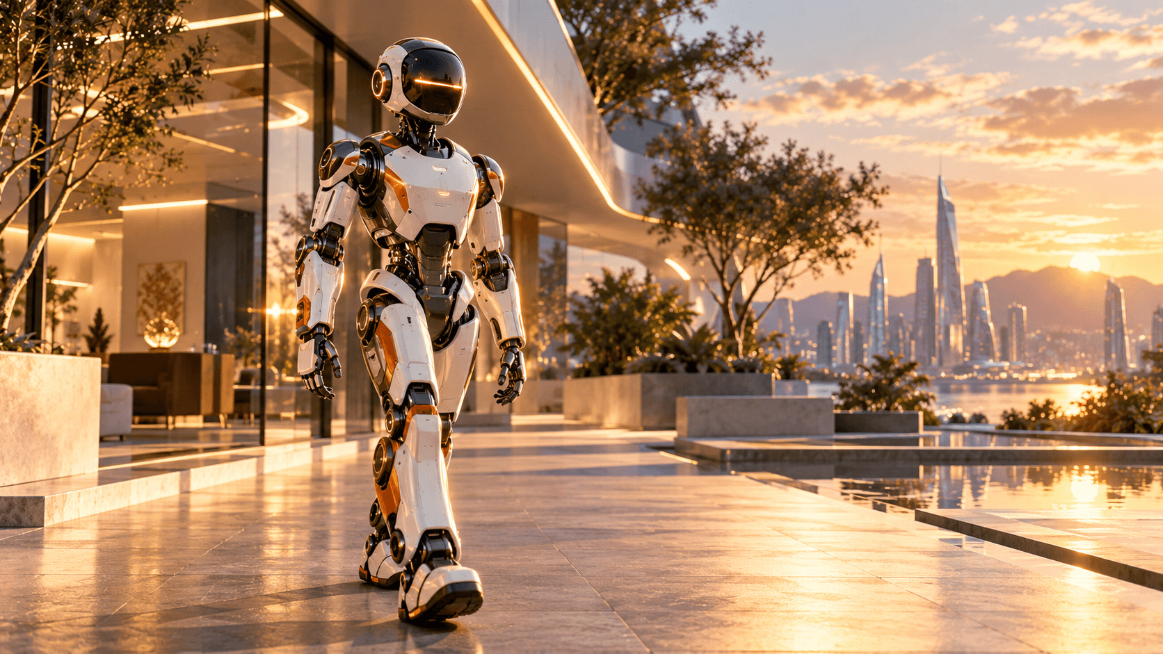 White and orange humanoid robot walking on a sunlit terrace