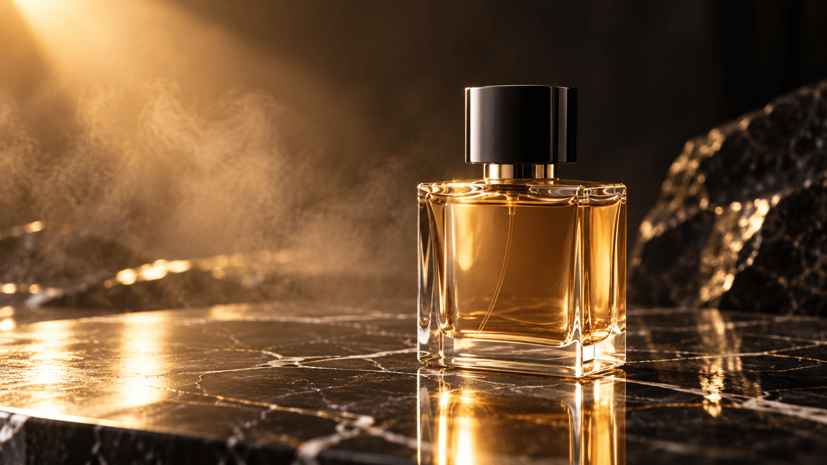 Amber perfume bottle with a black cap on polished black marble