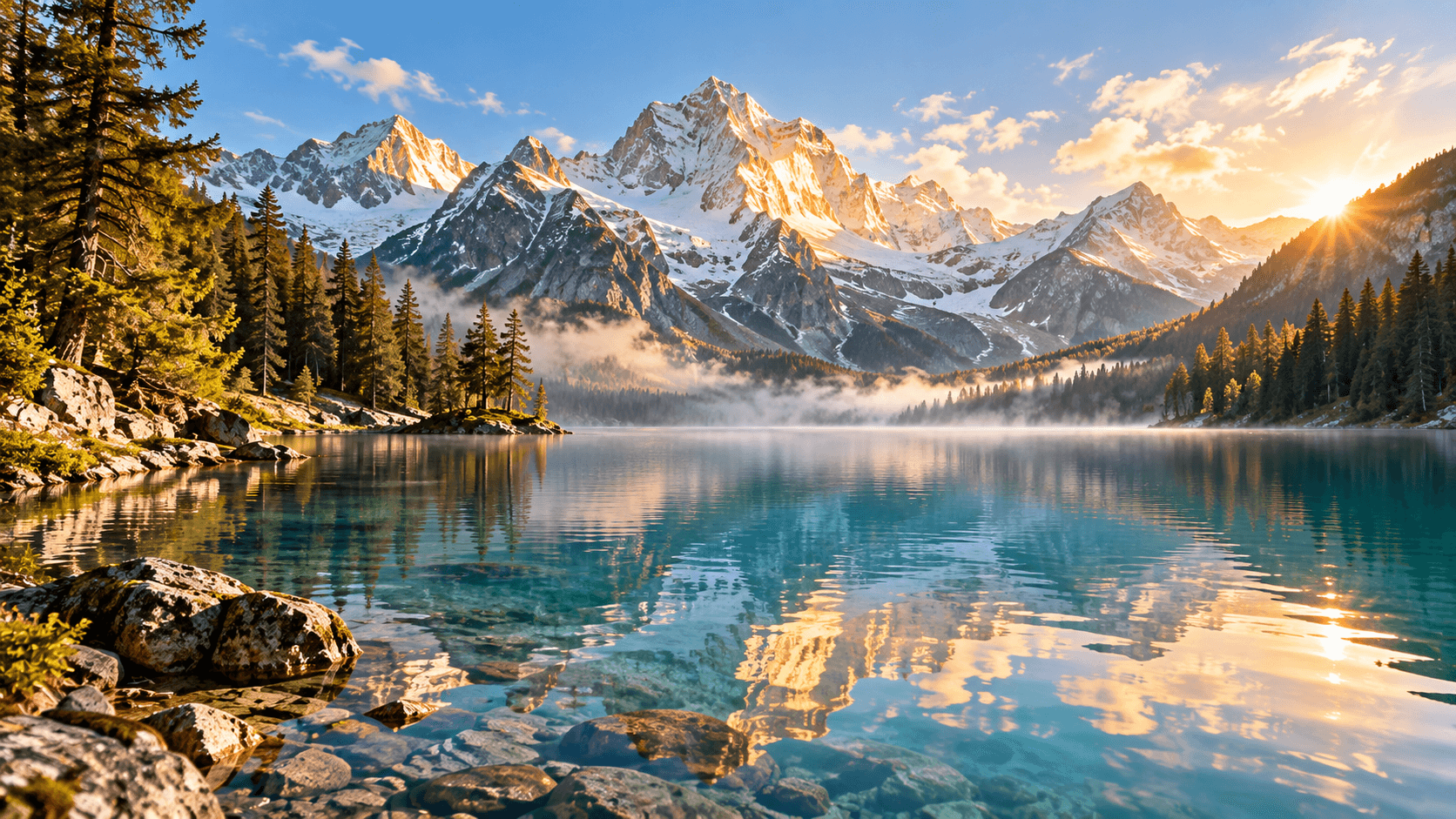 Alpine lake, pine shoreline, and sunlit snow peaks