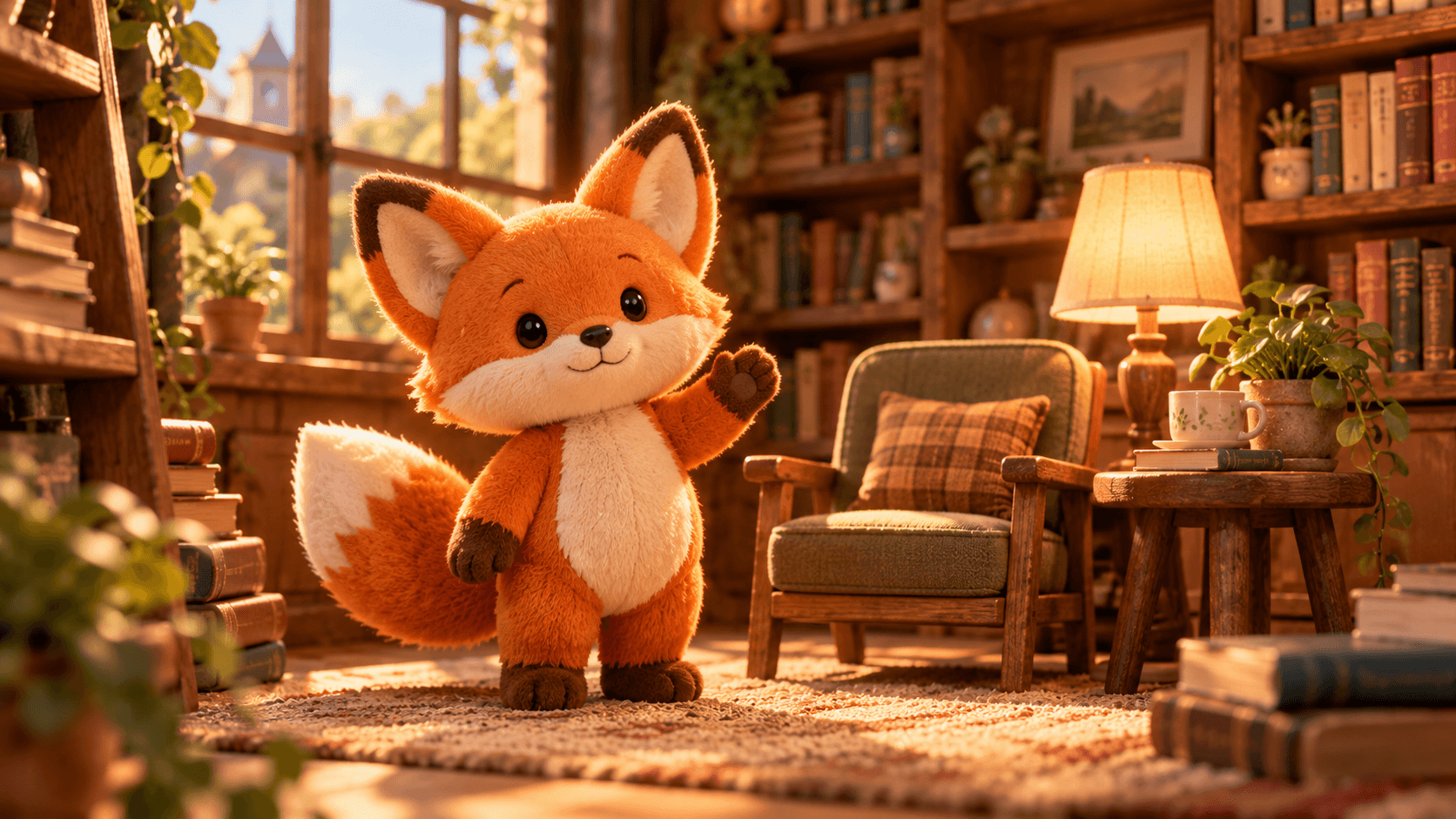 Orange fox plush waving in a miniature reading room