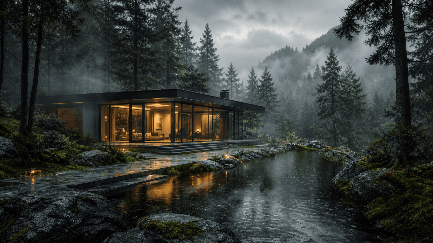 Cinematic modern house in a rain-soaked forest