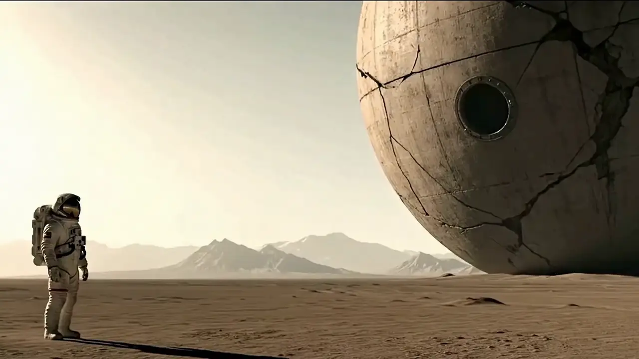 Astronaut encountering a monumental structure in a desert world