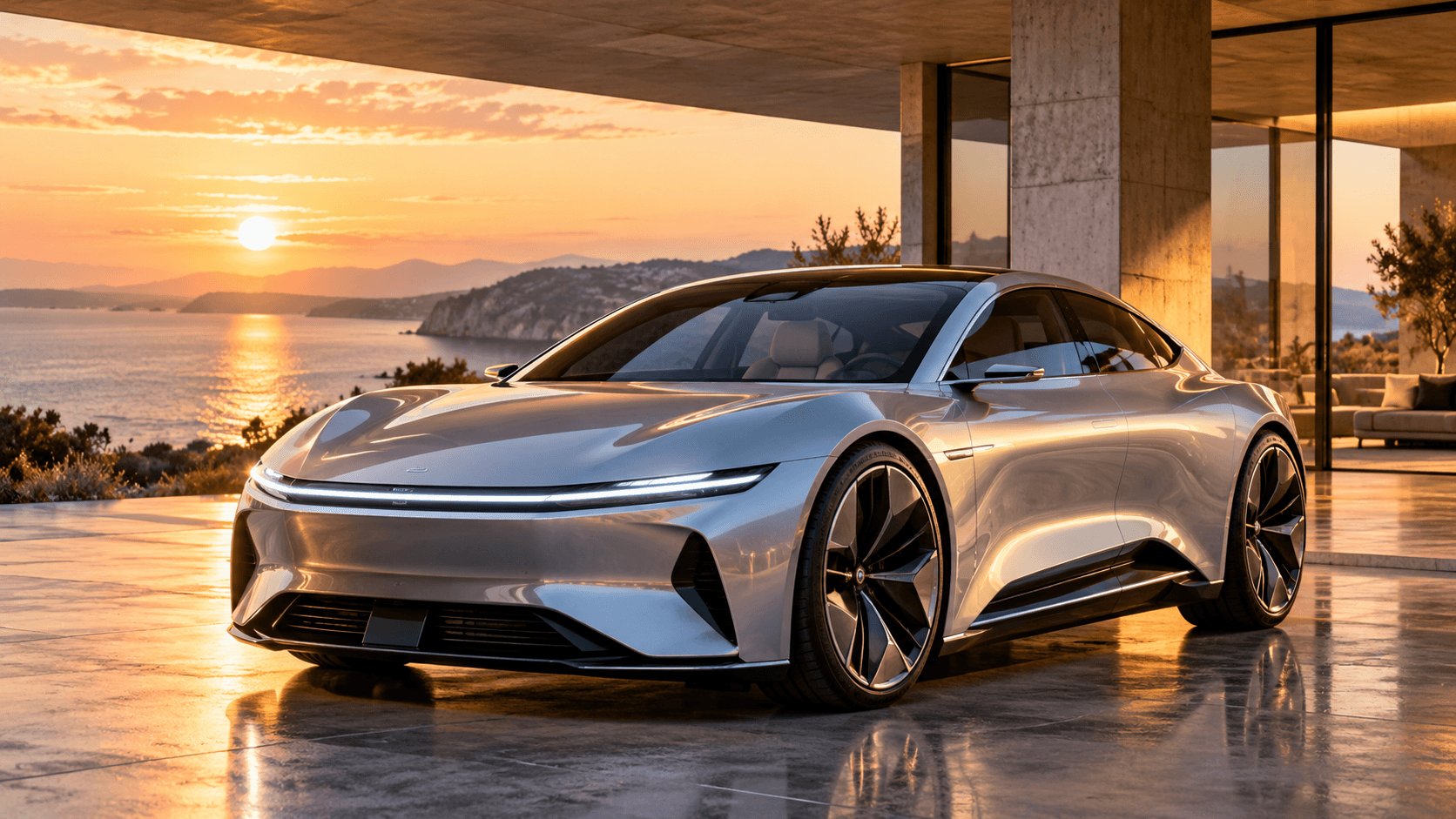 Silver concept car parked in a sunset pavilion