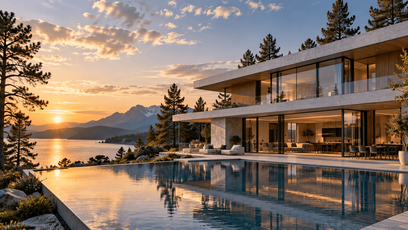 Modern lakeside house and reflecting pool at sunset