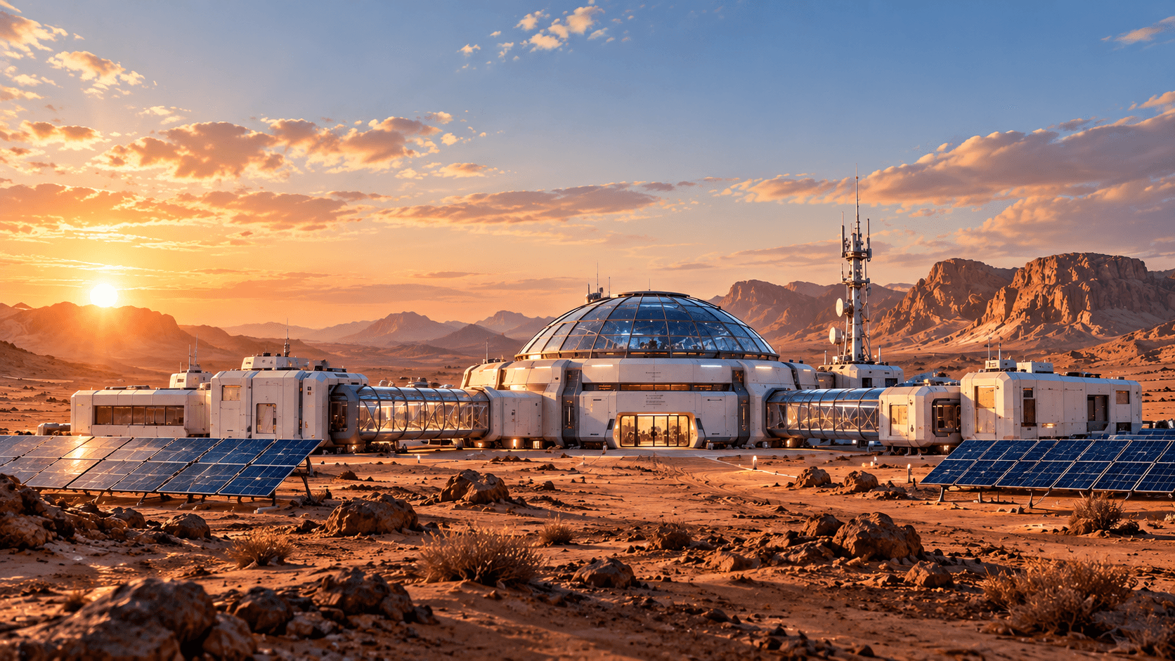 Desert research station in late-afternoon light