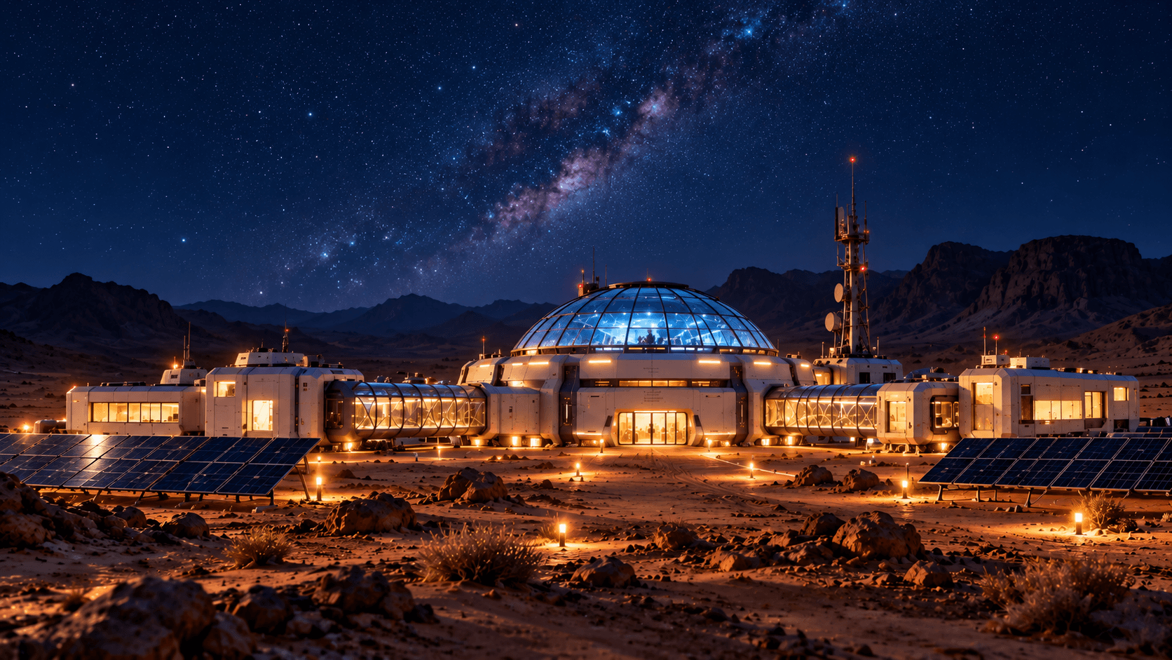The same desert research station at night