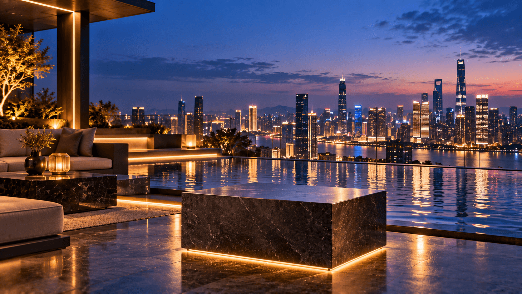 Blue-hour rooftop lounge and reflecting pool